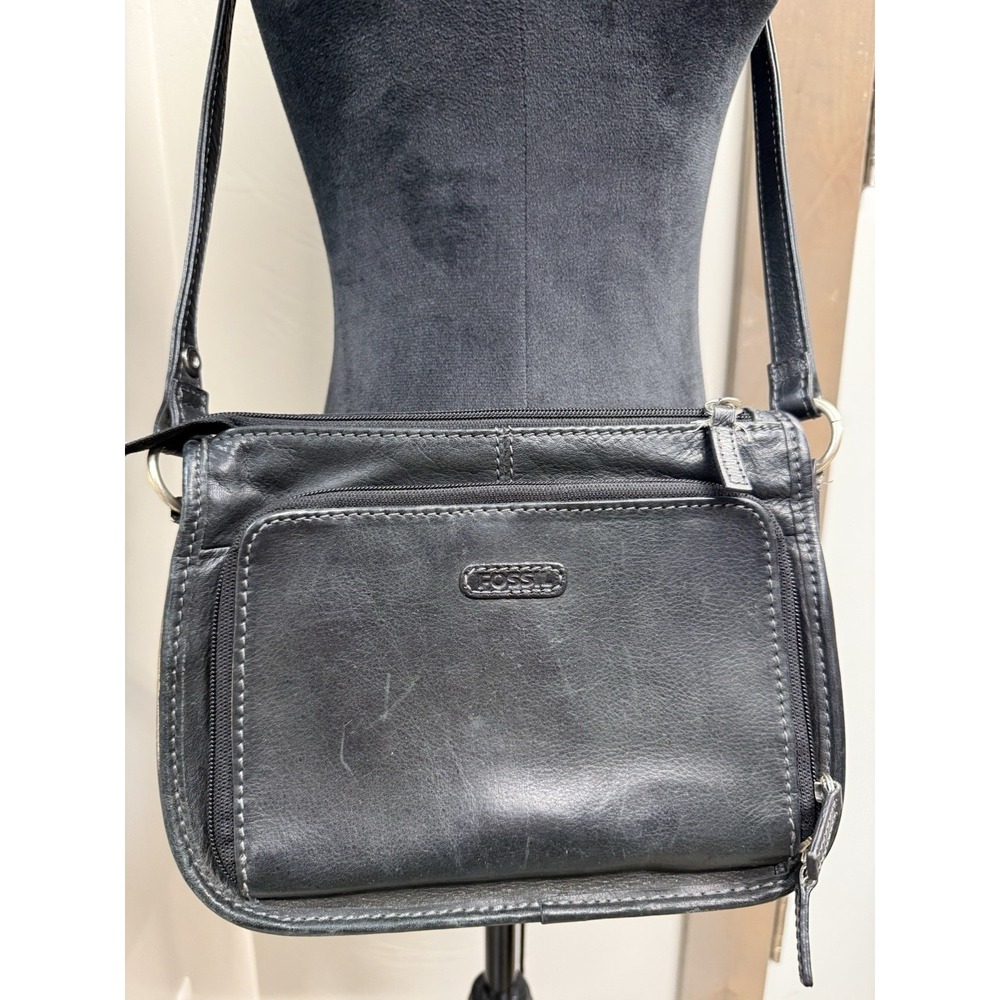 Vintage Fossil Leather Crossbody Bag Purse Black Top Zip Close Medium Travel - Picture 2 of 6